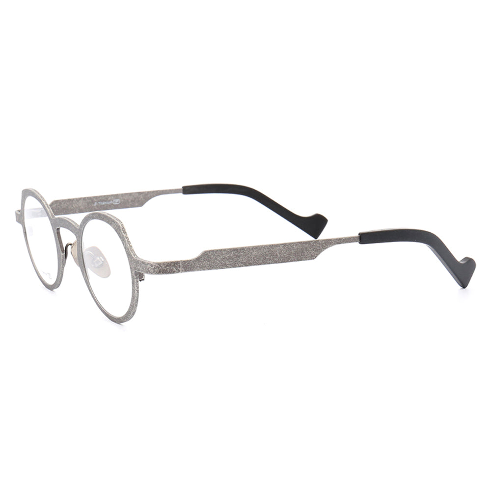 Side view of grey round pure titanium eyeglasses