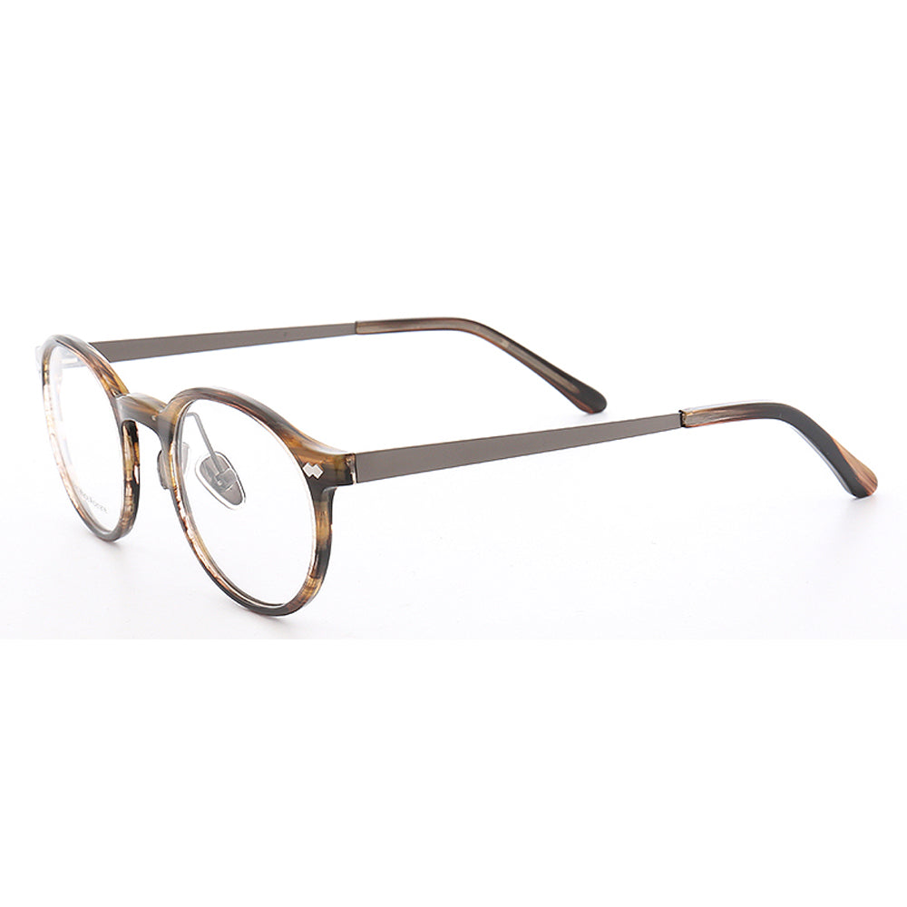 Side view of brown composite round eyeglasses