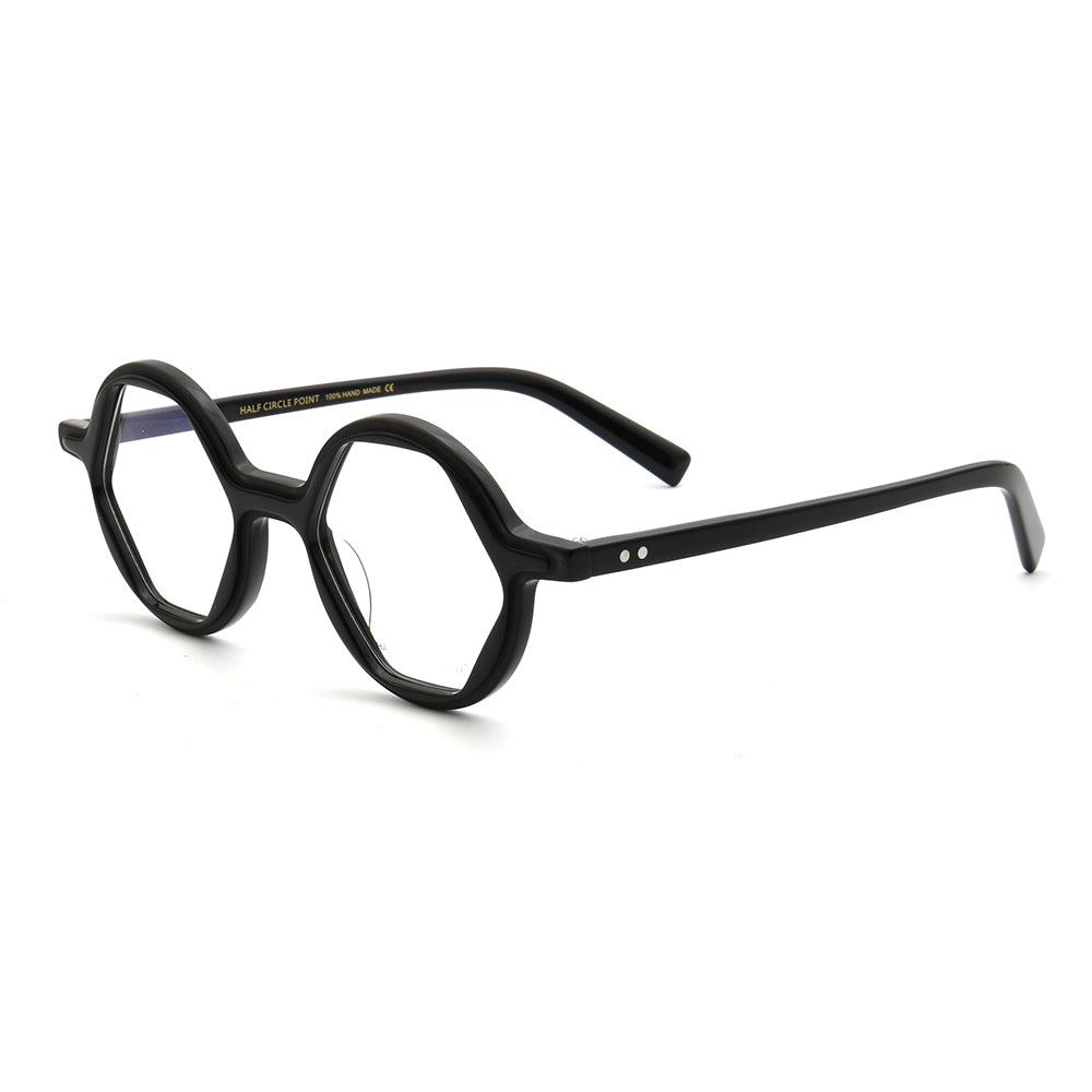 Side view of black hexagon shaped eyeglass frames