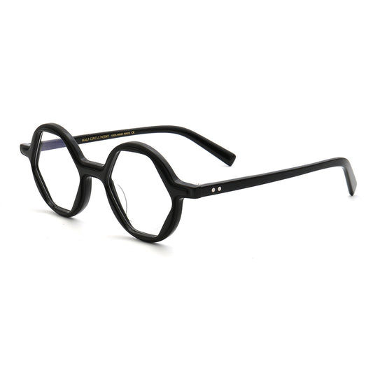Side view of black hexagon shaped eyeglass frames