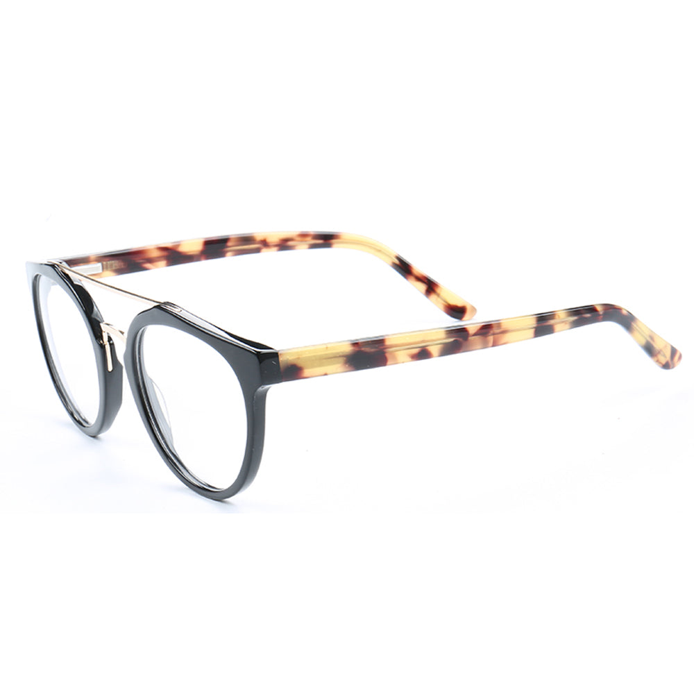 Side view of black tortoise shell double bridge eyeglass frames