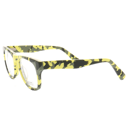 Side view of full rim camo yellow eyeglasses