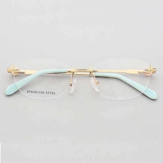 Gold and teal oval rimless eyeglass frames