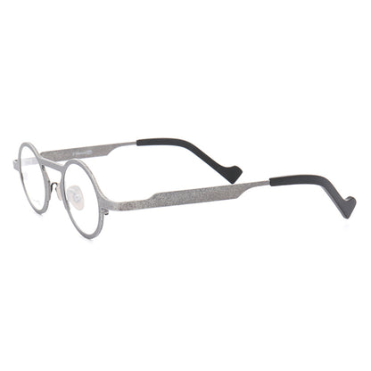 Side view of round grey titanium eyeglasses