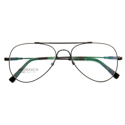 Front view of black pilot style eyeglasses