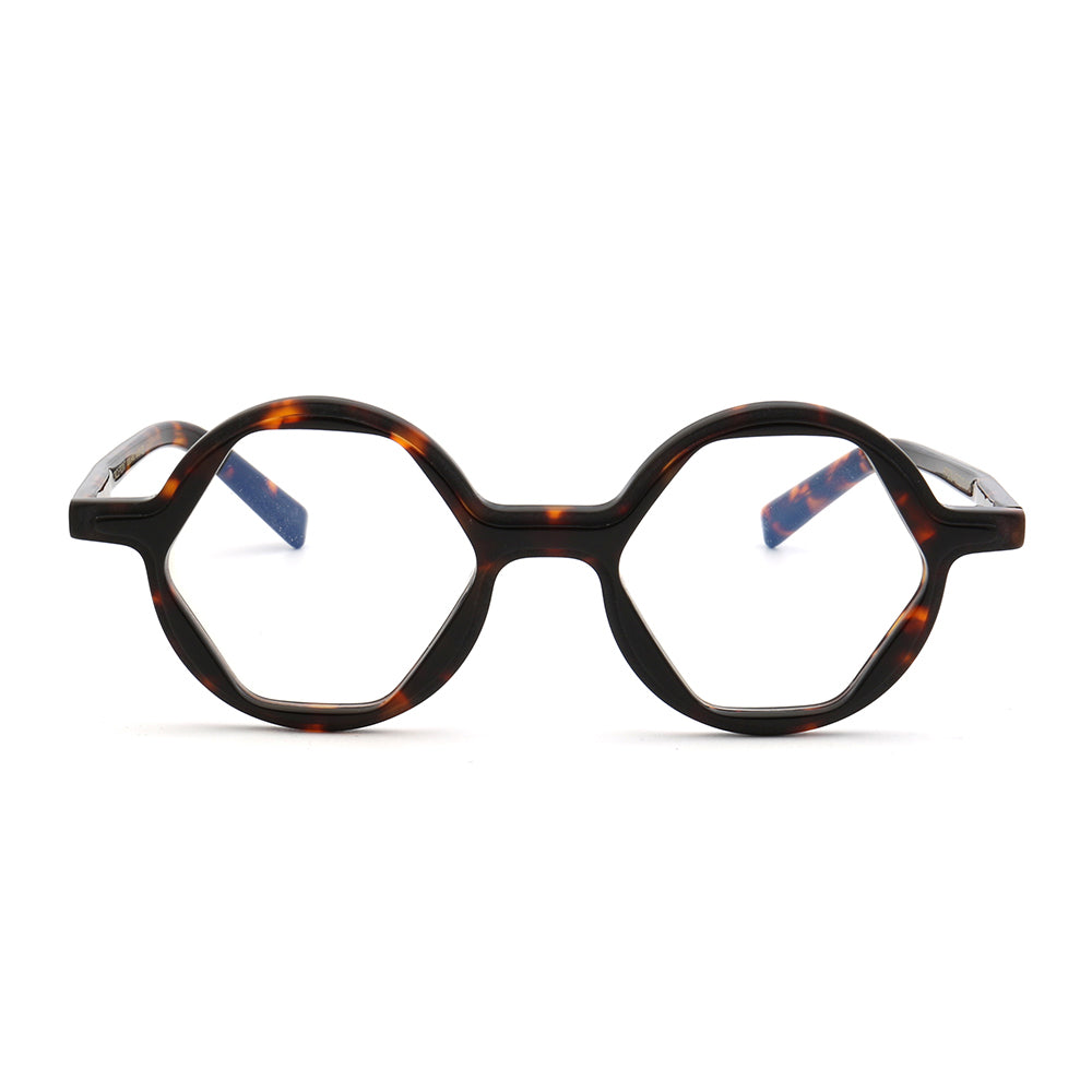 Front view of hexagon shaped tortoise eyeglasses