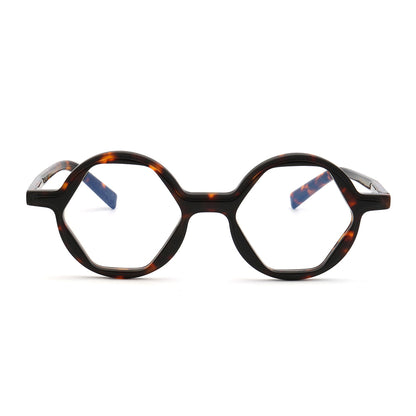 Front view of hexagon shaped tortoise eyeglasses