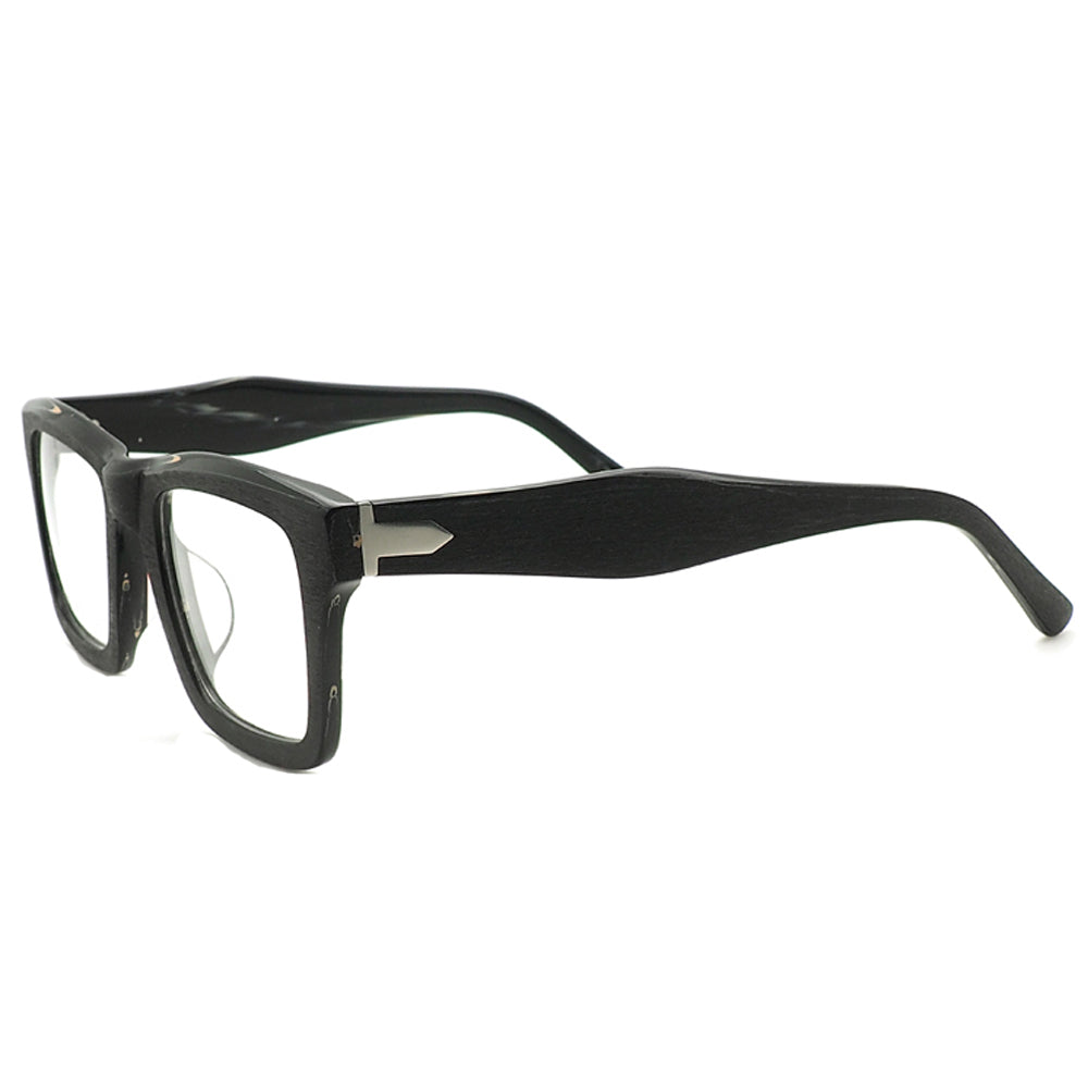 Side view of black oversized square eyeglass frames
