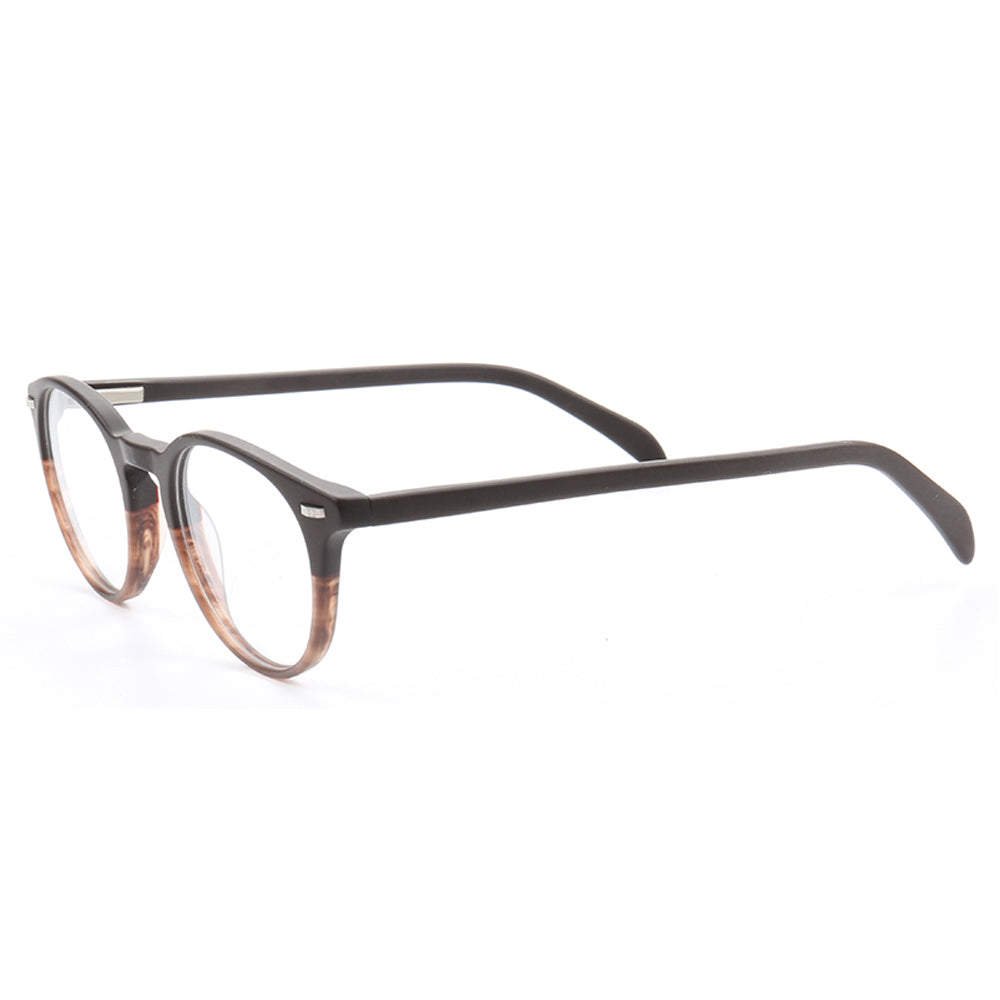 A side view of round multicolored acetate glasses
