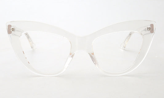 Front view of clear oversize cat eye eyeglasses frames