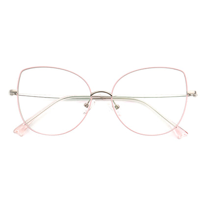 Front view of pink oversized butterfly shaped eyeglasses
