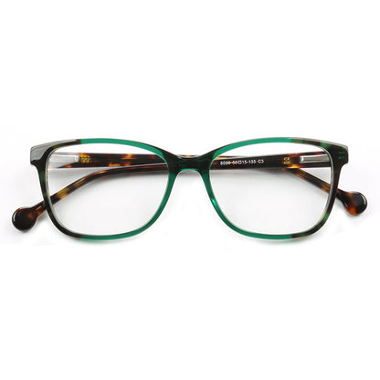 Front view of green tortoise shell eyeglass frames