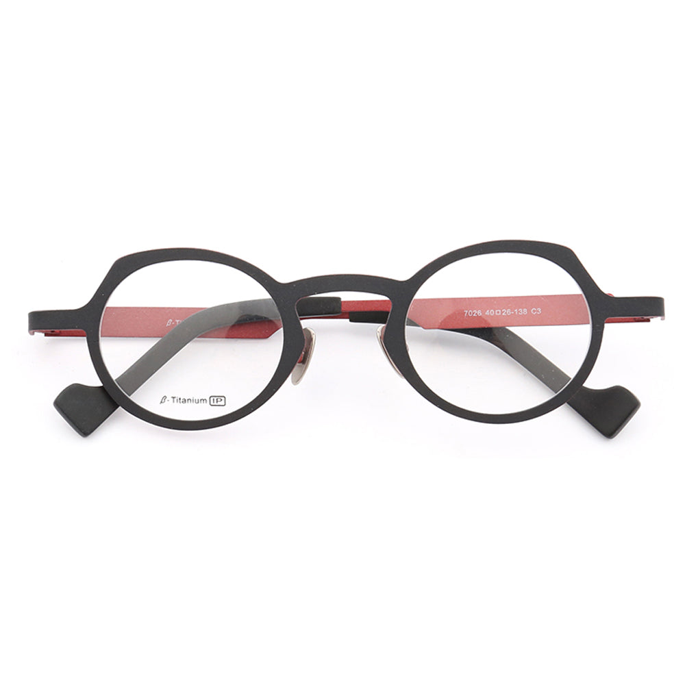 A pair of black and red round titanium eyeglasses