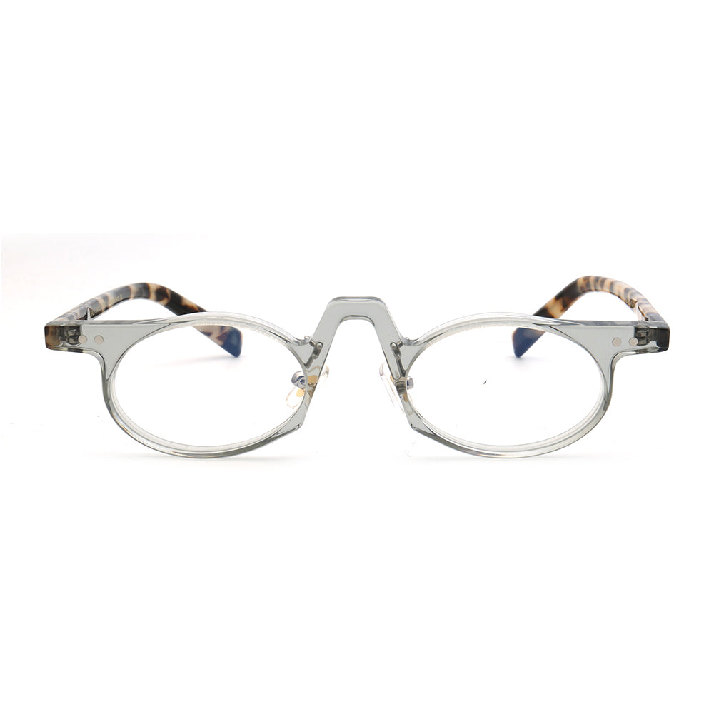 Front view of clear and tortoise oval eyeglasses