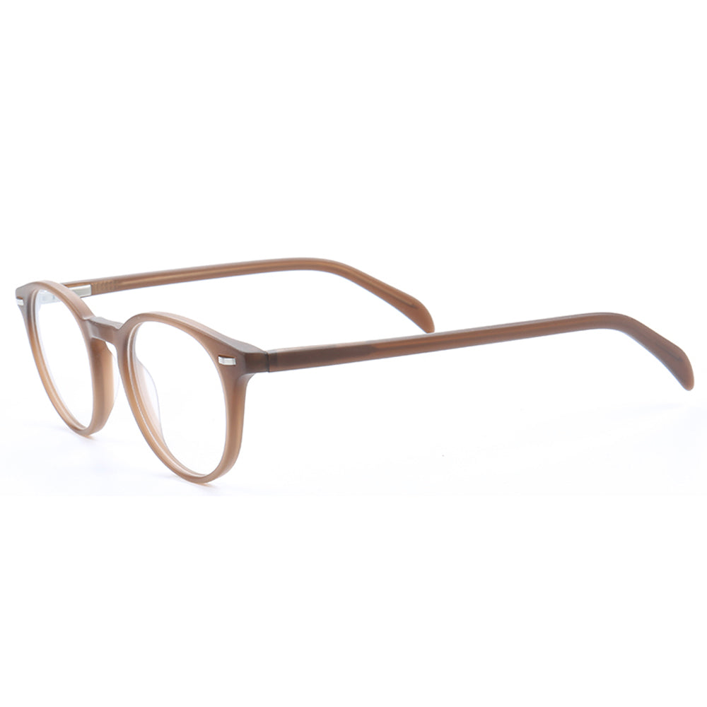 Side view of round beige colored acetate eyeglass frames