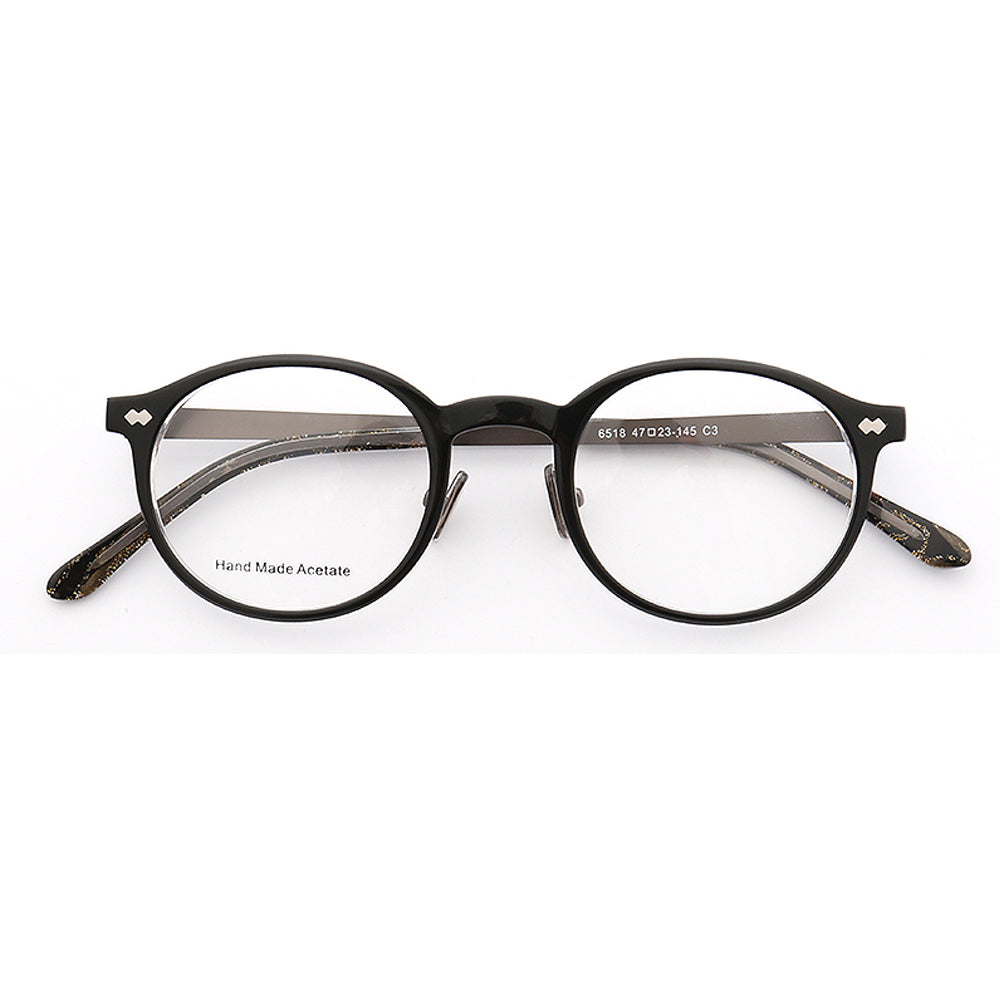 A pair of black round full rim composite eyeglasses