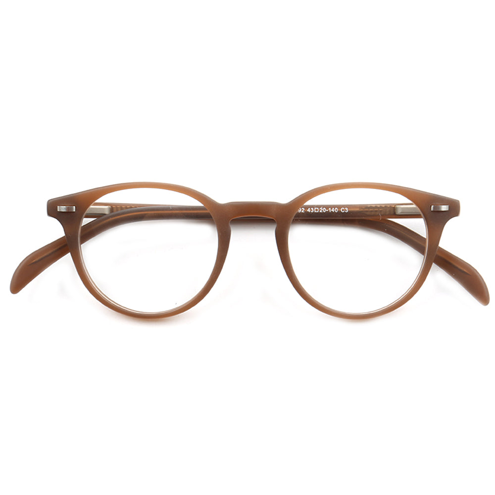 A pair of beige colored acetate eyeglass frames
