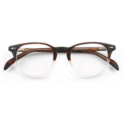 Front view of brown and clear full rim acetate eyeglasses