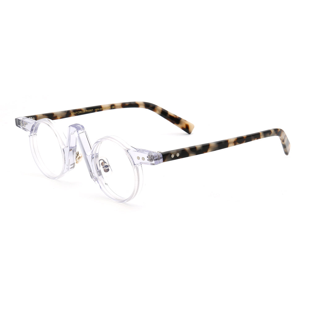 Side view of round retro tortoise eyeglasses