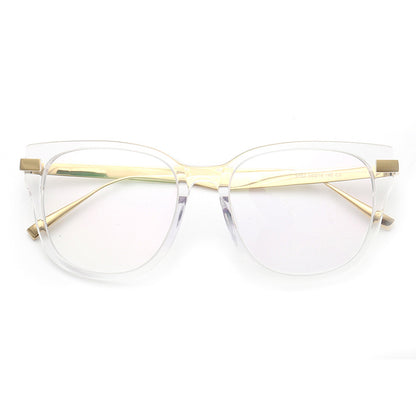 A pair of transparent full rim titanium glasses for women