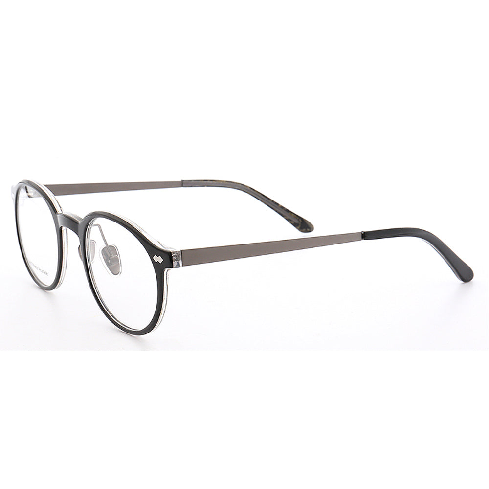Side view of black composite round eyeglasses