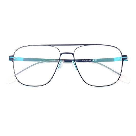 A pair of blue pilot style metal eyeglass frames