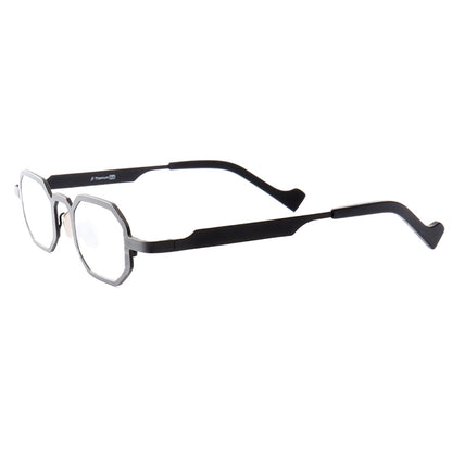 A side view of black polygon shaped pure titanium eyeglasses