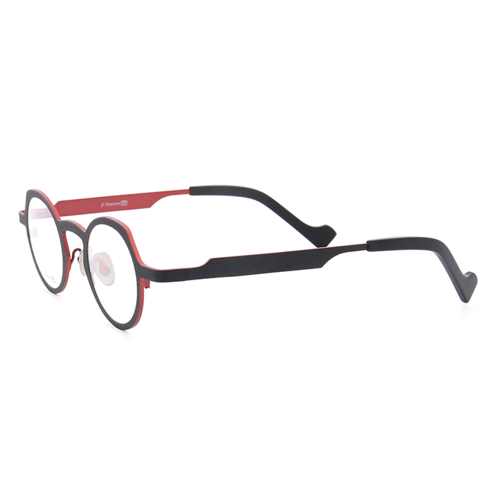 Side view of black and red retro titanium eyeglasses