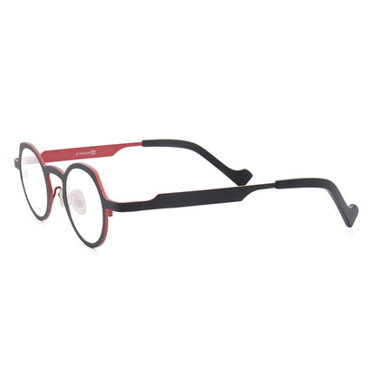 Side view of black and red retro titanium eyeglasses