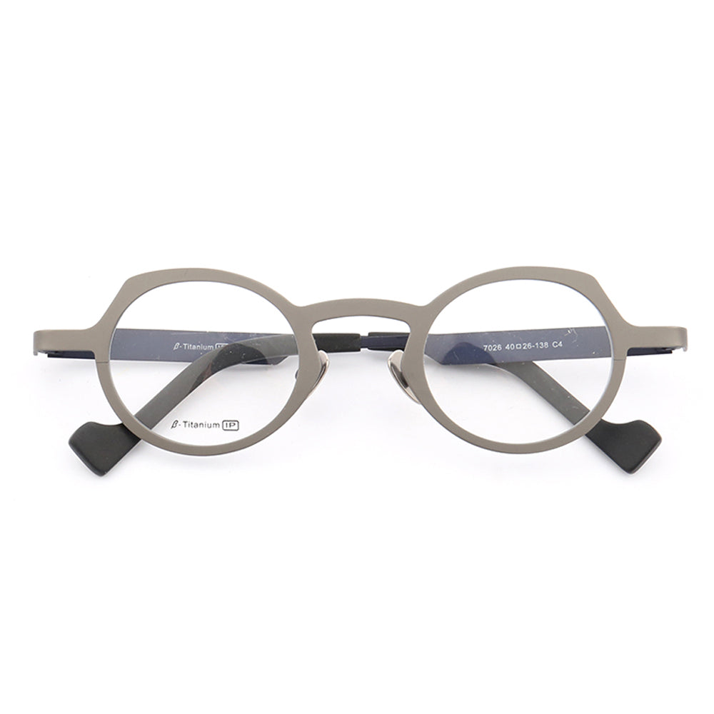 A pair of blue and grey round retro eyeglass frames