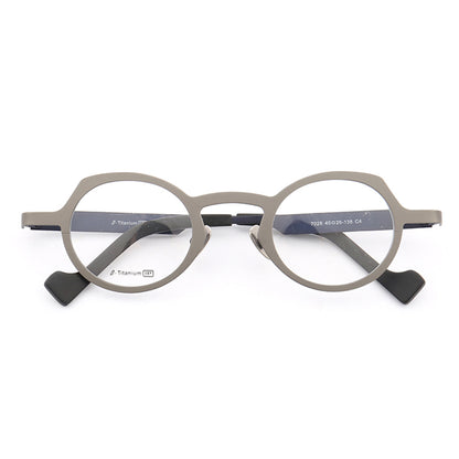 A pair of blue and grey round retro eyeglass frames