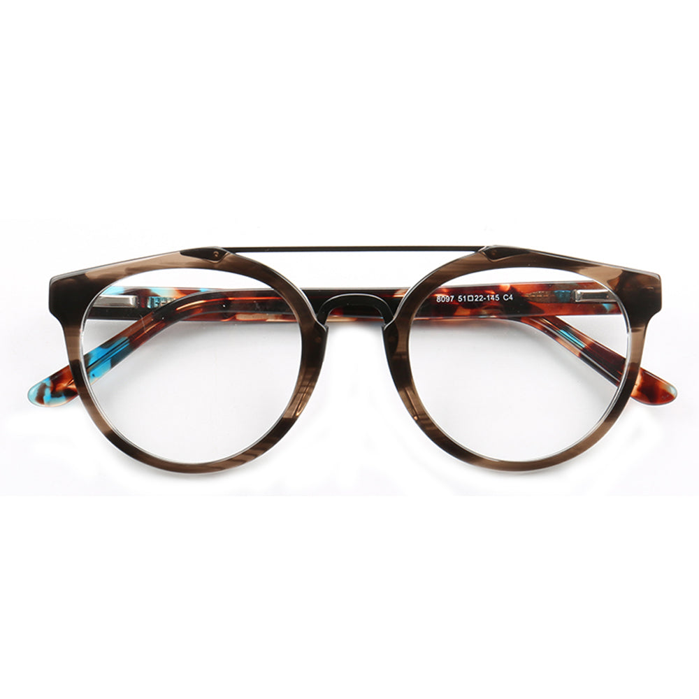 Front view of multicolor tortoise double bridge eyeglasses