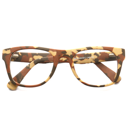 A pair of brown camo eyeglass frames