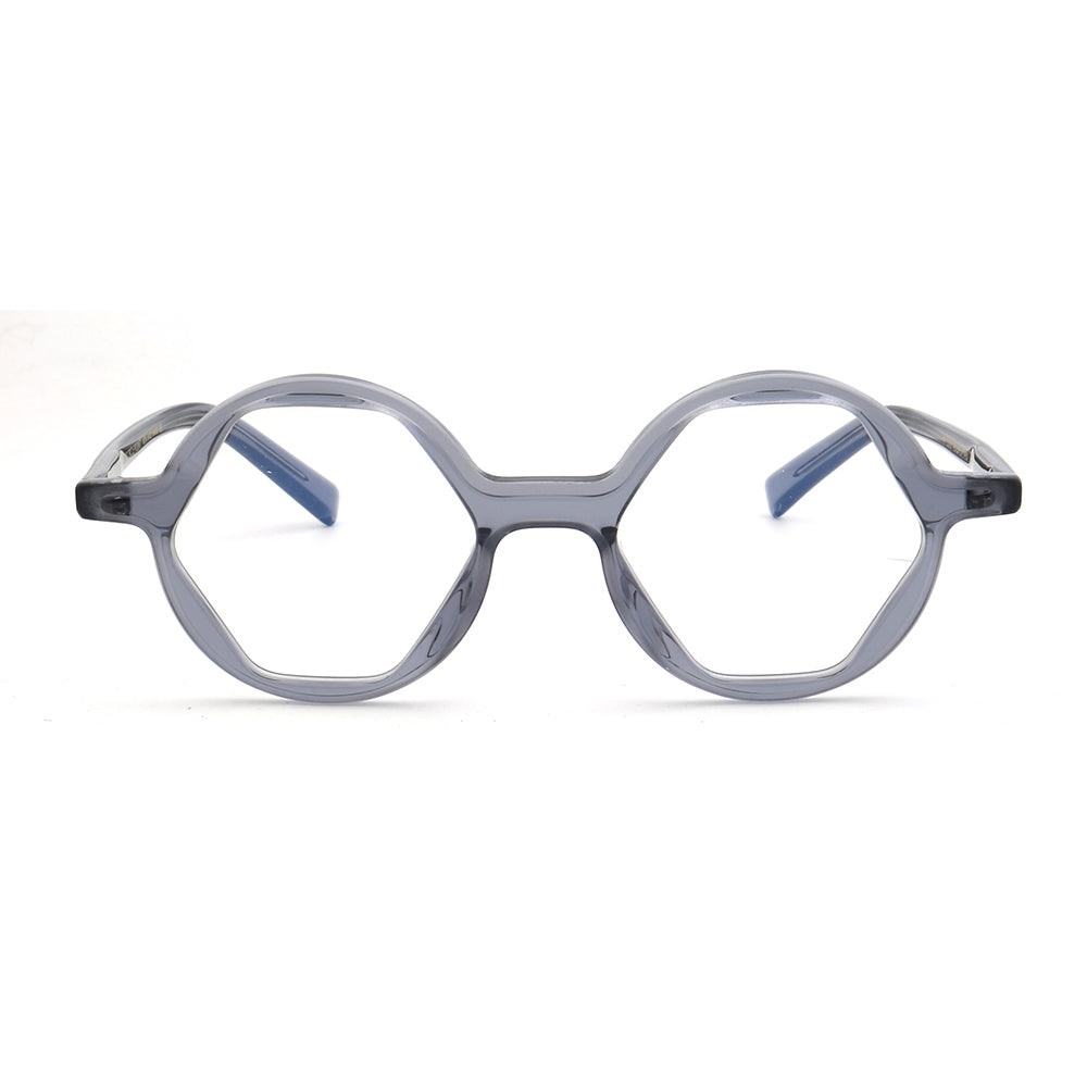 Front view of grey hexagon shaped eyeglass frames