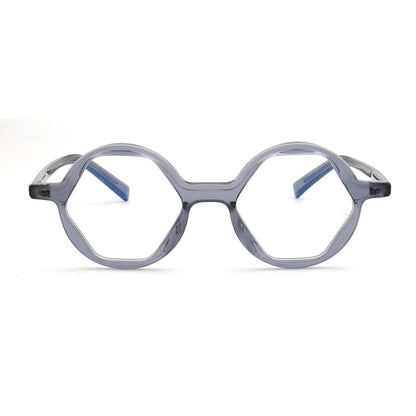 Front view of grey hexagon shaped eyeglass frames