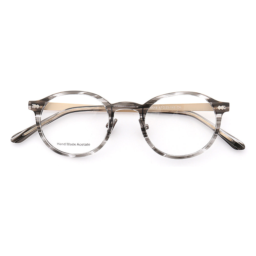 A pair of grey full rim patterned glasses