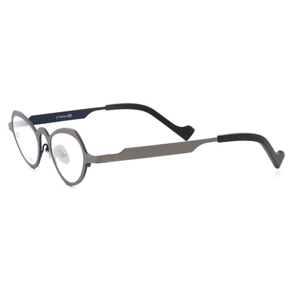 Side view of grey and blue heart shaped titanium eyeglasses