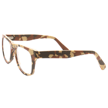 Side view of a pair of brown camo eyeglass frames