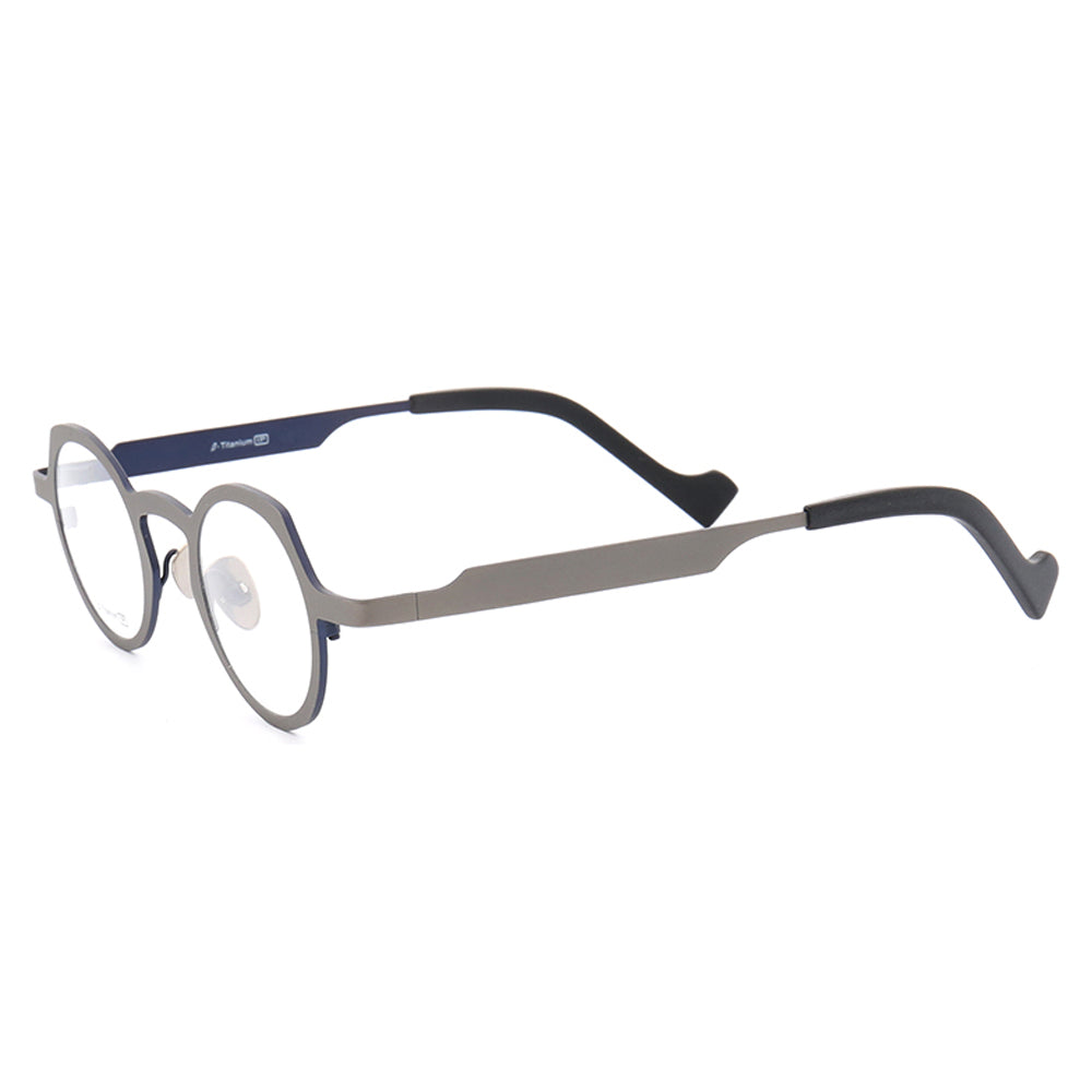 Side view of grey and blue round full rim titanium glasses