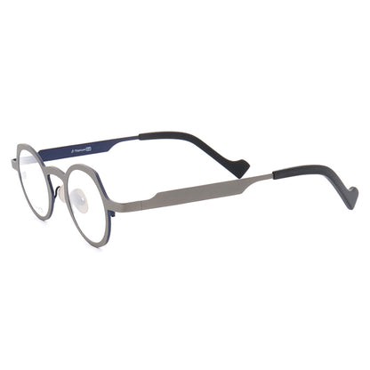 Side view of grey and blue round full rim titanium glasses