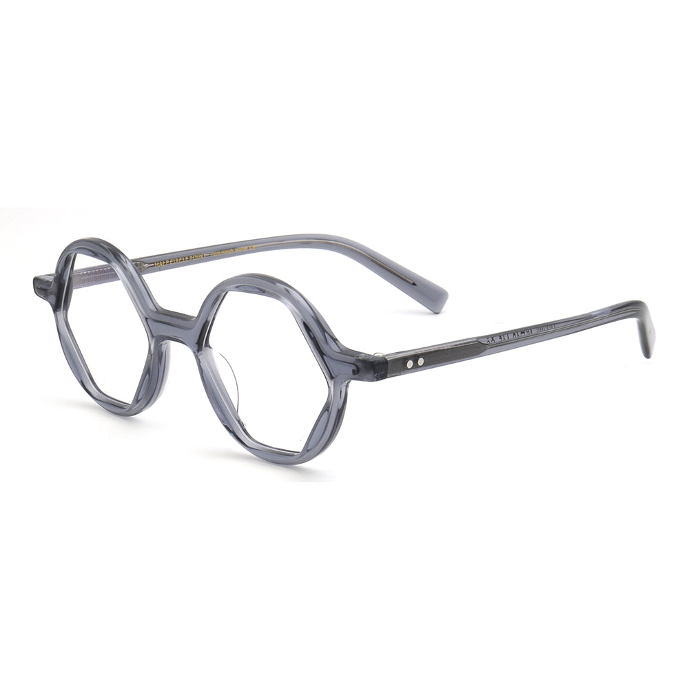Side view of grey hexagon shaped eyeglasses