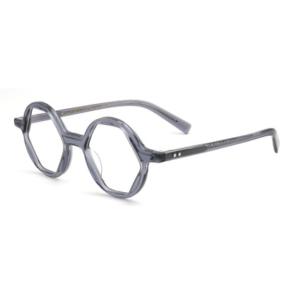 Side view of grey hexagon shaped eyeglasses