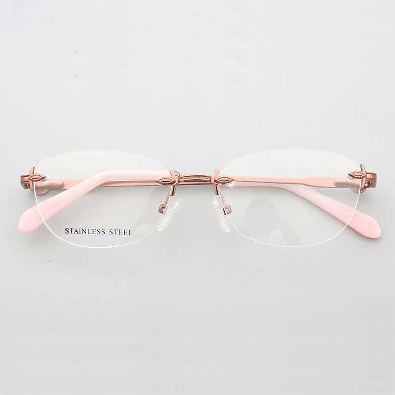 Front view of pink rimless metal eyeglasses