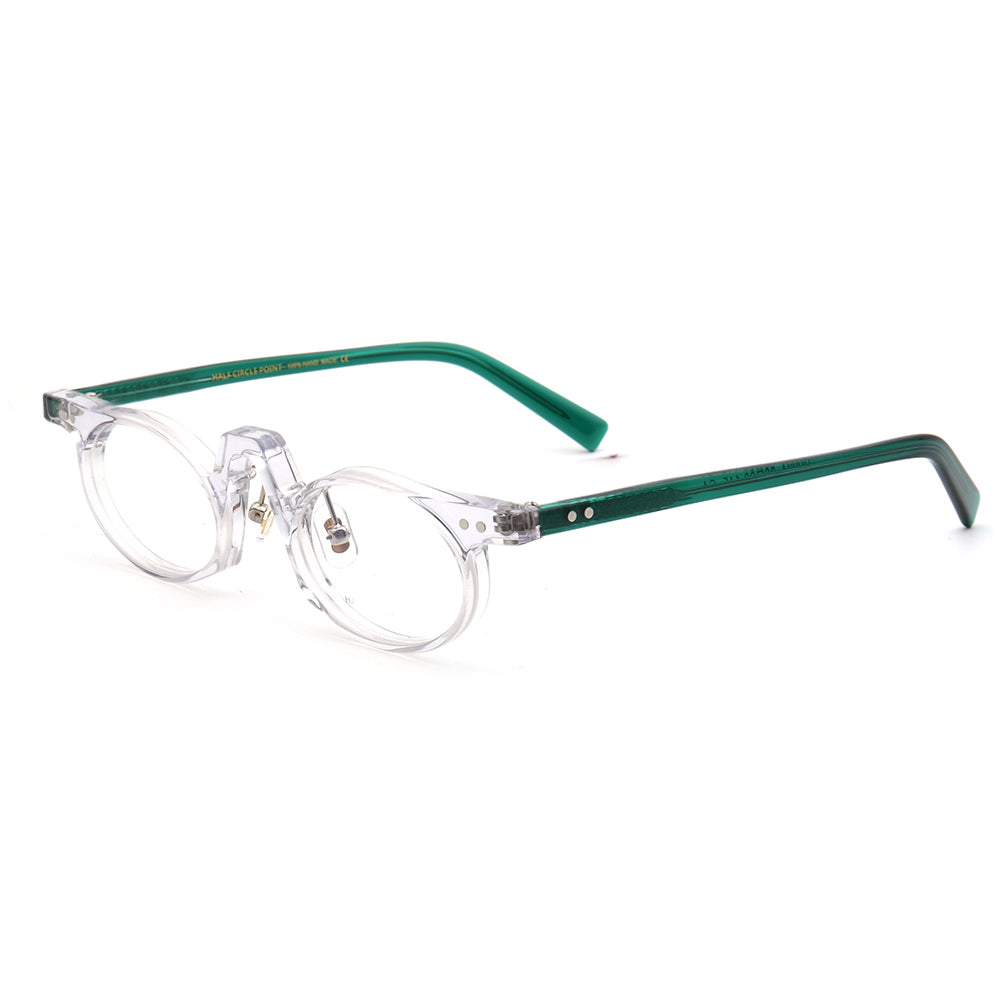 A pair of clear and green oval eyeglasses