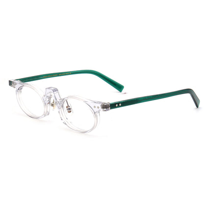 A pair of clear and green oval eyeglasses