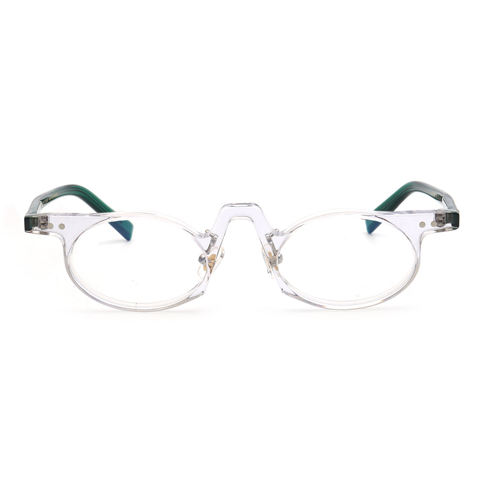 Front view of clear and green oval eyeglasses