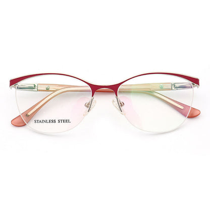 Regina | Half Rim Stainless Steel Eyeglasses For Women | Modern Frame w/ Patterned Temple