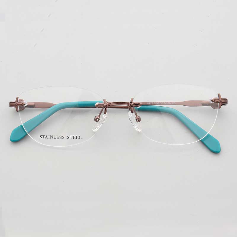 Bronze and teal oval rimless eyeglass frames