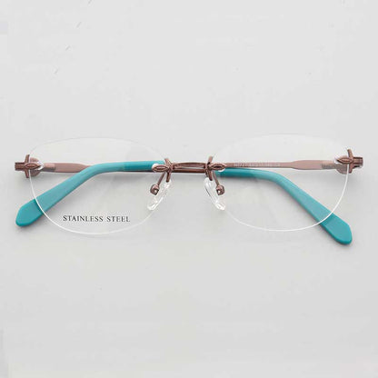 Bronze and teal oval rimless eyeglass frames
