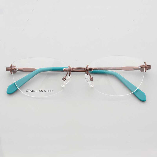 Bronze and teal oval rimless eyeglass frames